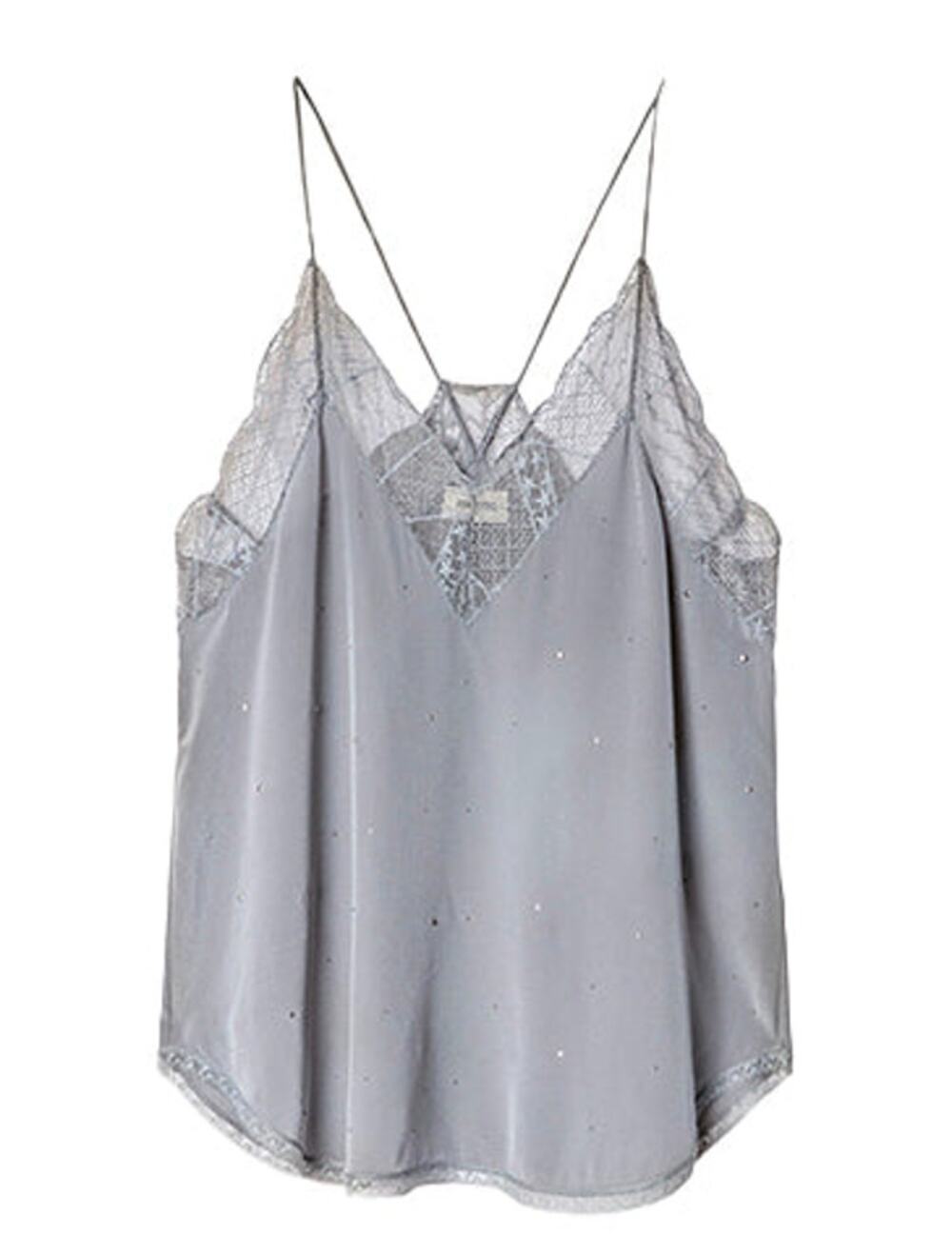 Zadig & Voltaire Christy Strass Caraco Lace Trim Silk Cami Top Gray Size XS